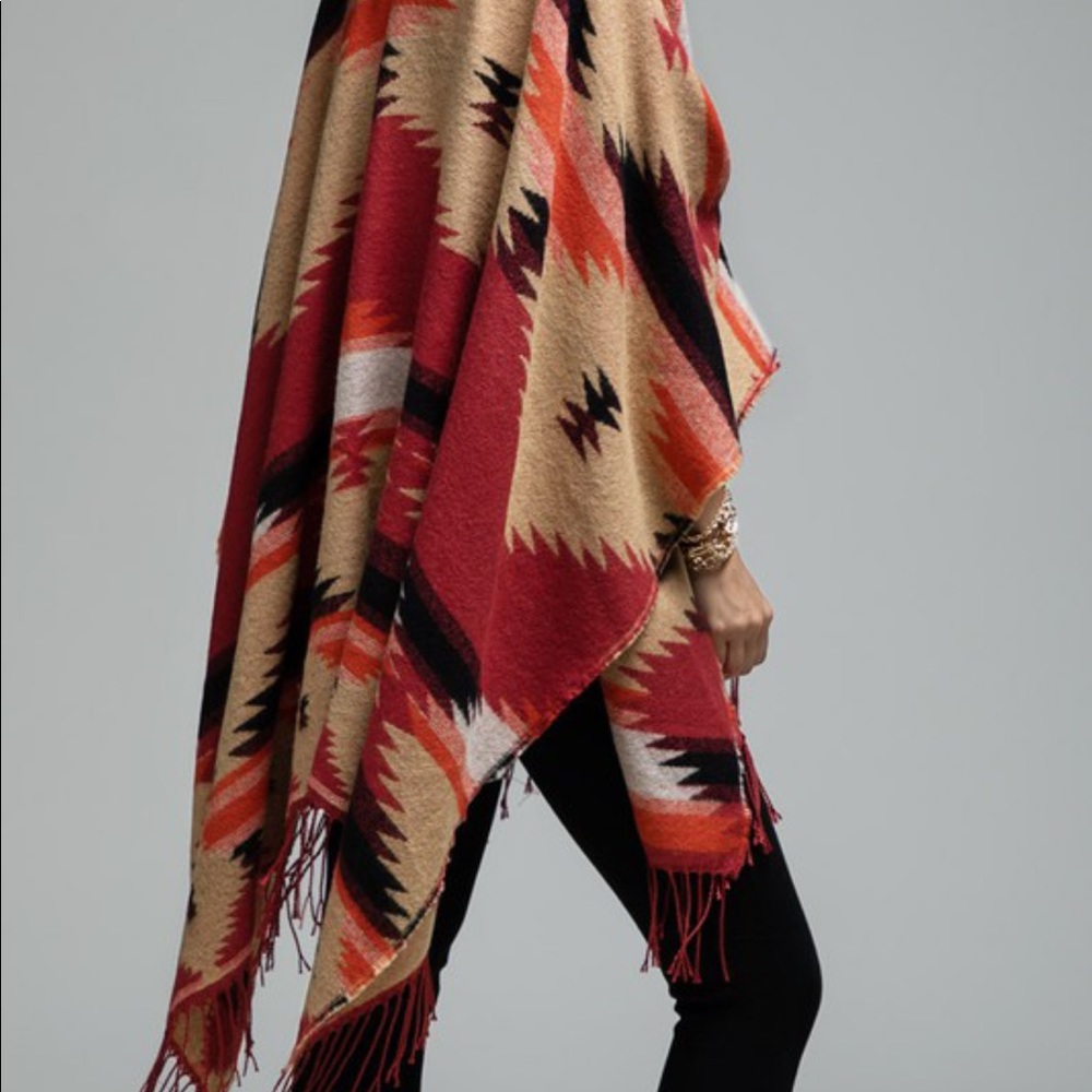 Western Print Ruana Poncho Red - Picture 3 of 4